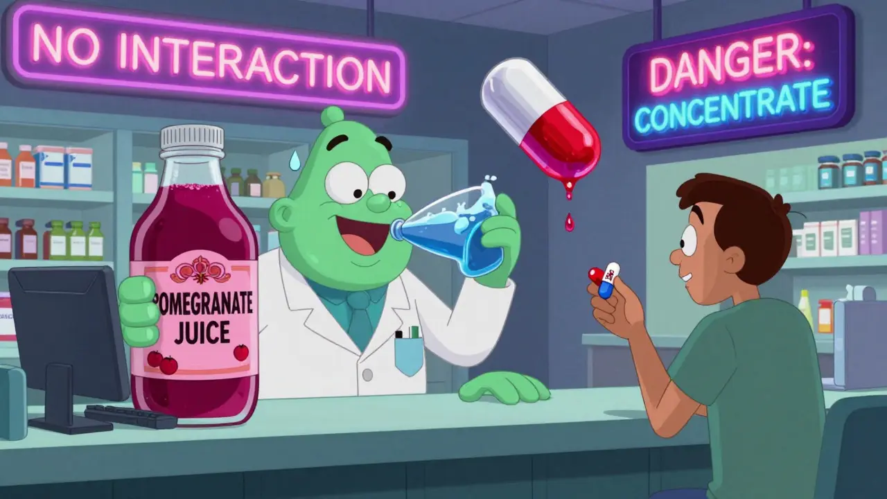 Un pharmacien tient du jus de grenade tandis qu'une capsule concentrée provoque une réaction chaotique.