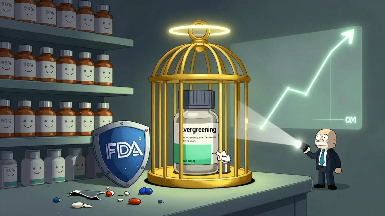 Une étagère de pharmacie avec 90 % de génériques souriants et un seul médicament de marque enfermé, entouré de brevets brisés.