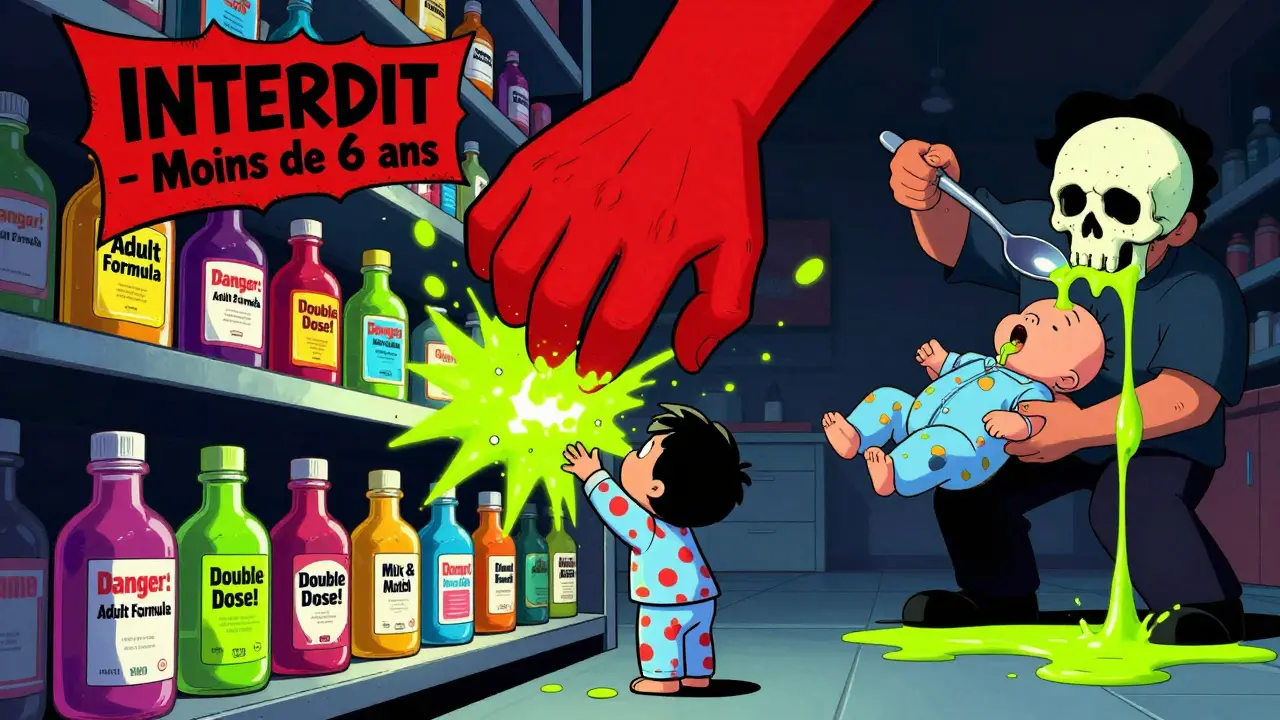 Une étagère de pharmacie explose avec des sirops dangereux, un enfant tente d'en prendre, une main géante interdit l'action avec un avertissement rouge.
