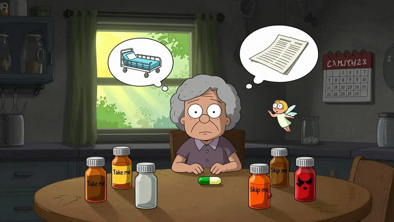 Une femme âgée entourée de plusieurs bouteilles de médicaments, une vide, dans une cuisine sombre.