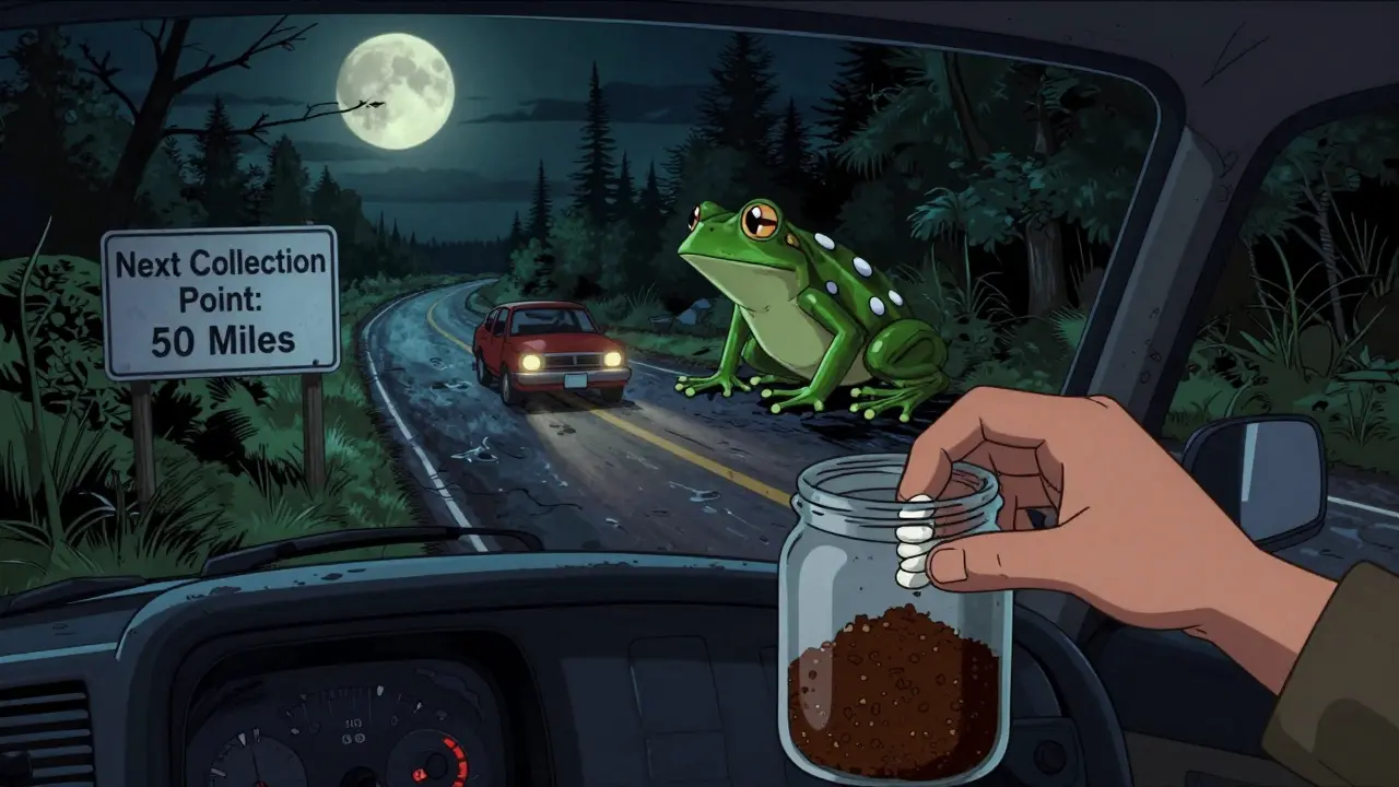 Une main mélange des comprimés avec du marc de café dans un bocal, sous un ciel lunaire, près d'une rivière polluée.