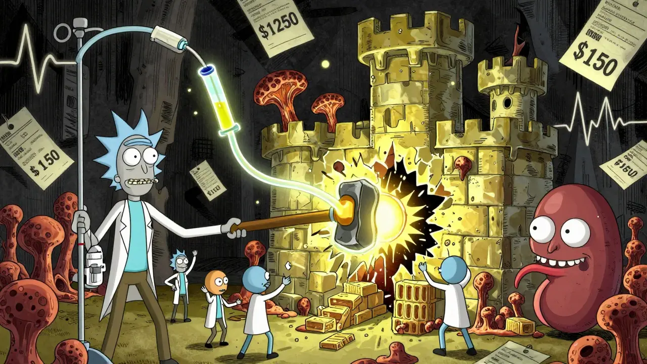 Une perfusion d'échinocandine détruit une paroi fongique comme un marteau, tandis qu'un rein sourit dans un décor de prix exorbitants.