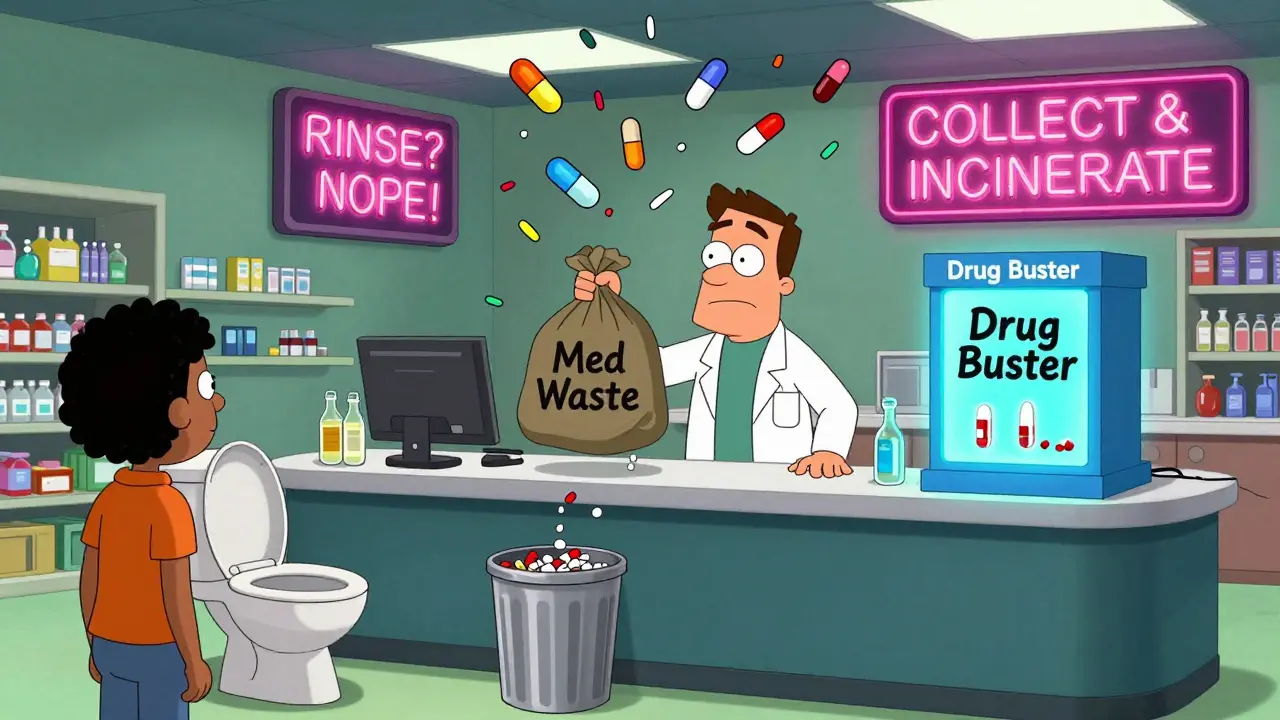 Une pharmacie surchargée où des clients jettent des médicaments partout, avec des comprimés flottant comme de la confettis.