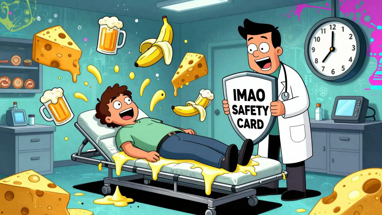 Une salle d'urgence avec des aliments fermentés qui fondent en boue toxique, un médecin tenant une carte de sécurité IMAO.