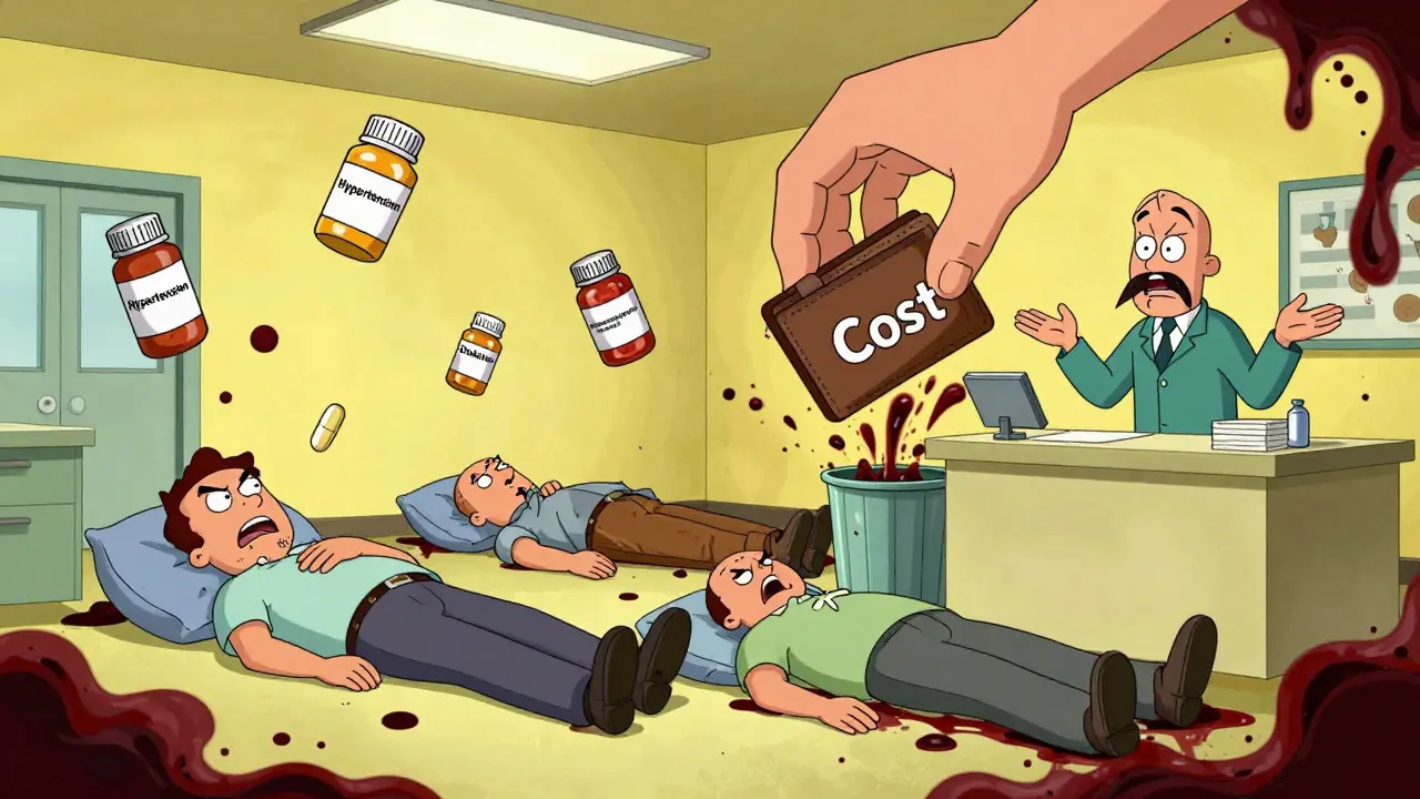 Une salle d'urgence chaotique où des patients s'effondrent à cause de traitements interrompus.