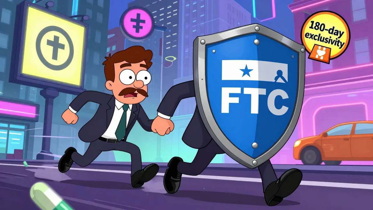 Agents FTC poursuivant un industriel pharmaceutique avec un bouclier Hatch-Waxman en scène chaotique.