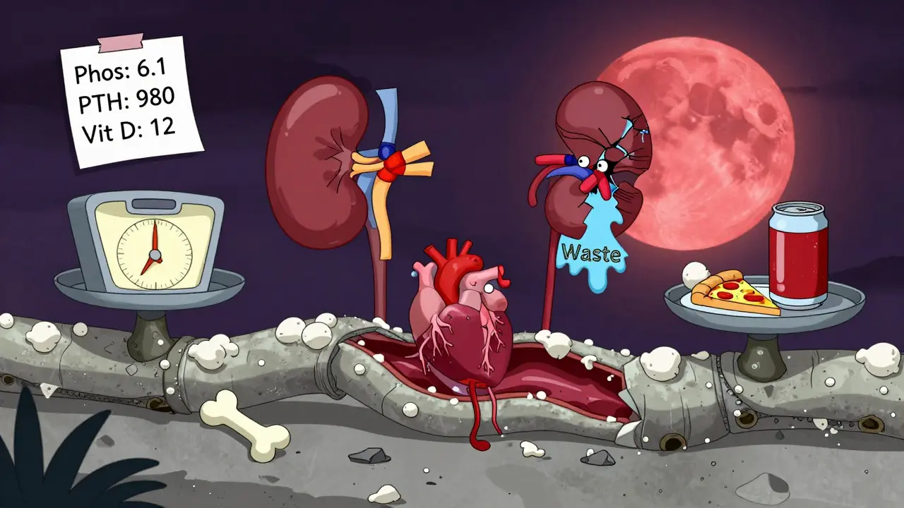 Artère obstruée par du calcium, un cœur en détresse et un rein qui fuit, entouré de résultats de bilan sanguin.