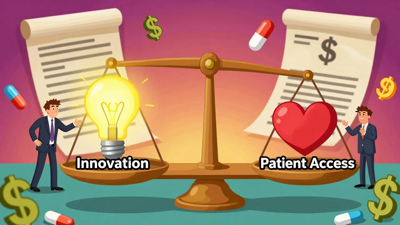 Bascule entre innovation et accès médical avec avocats débattant et pilules flottantes.