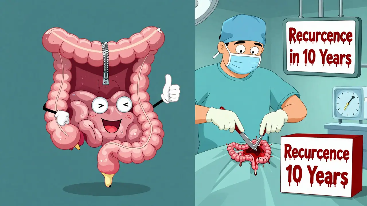 Chirurgie de colite ulcéreuse réussie à gauche, et récidive de Crohn immédiate à droite, dans un style cartoon absurde et coloré.