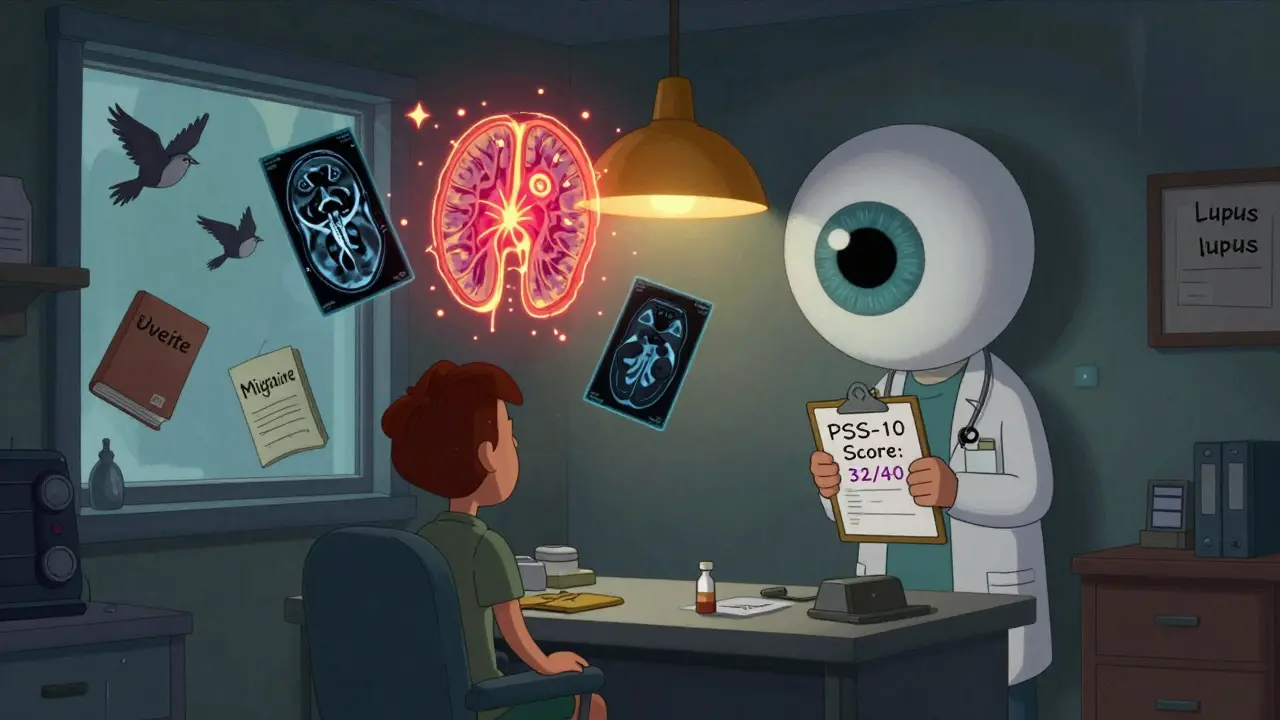 Consultation médicale surrealiste avec un œil géant et un scanner cérébral brillant en arrière-plan.