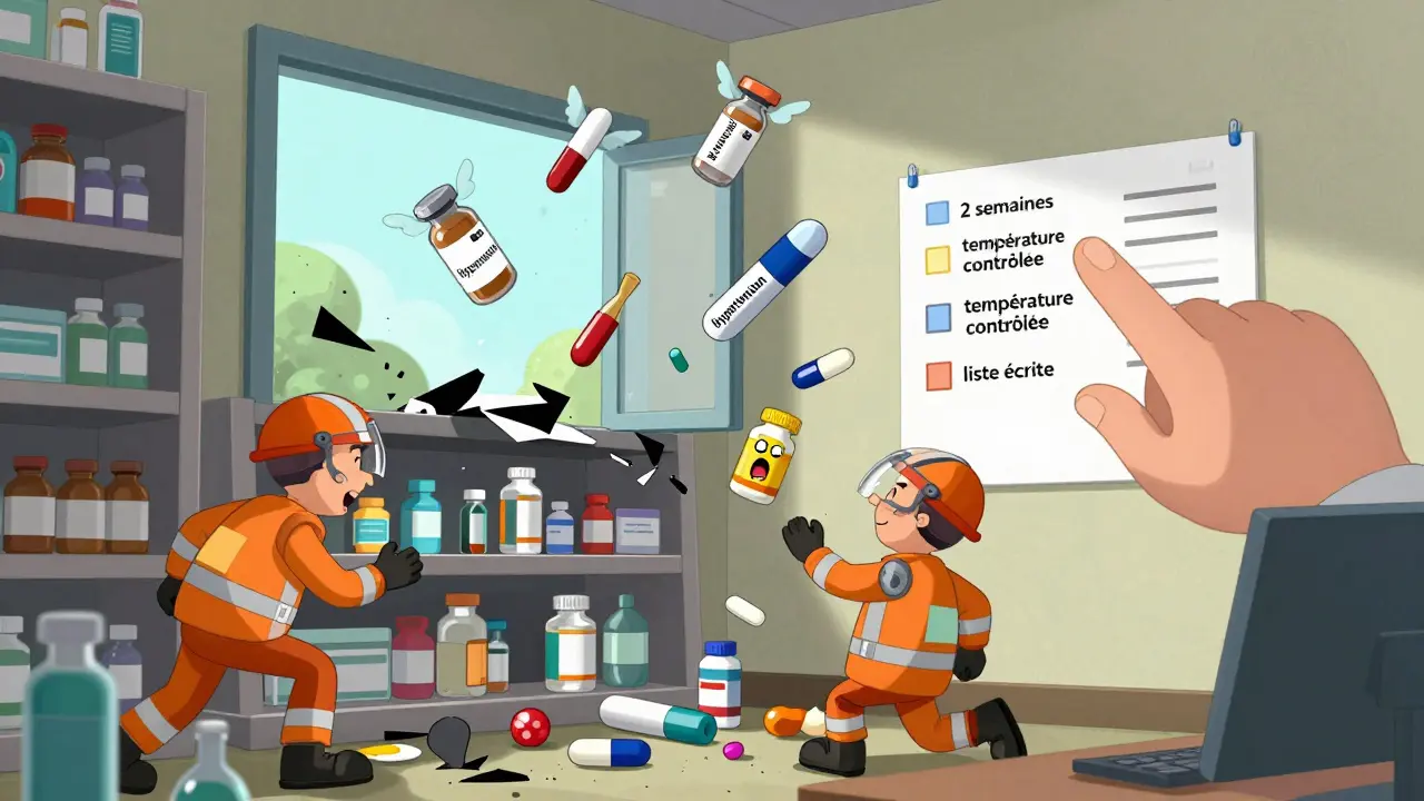 Des médicaments flottent dans une pharmacie en désordre, des stylos EpiPen ont des réacteurs, une checklist géante affiche des critères d'urgence.