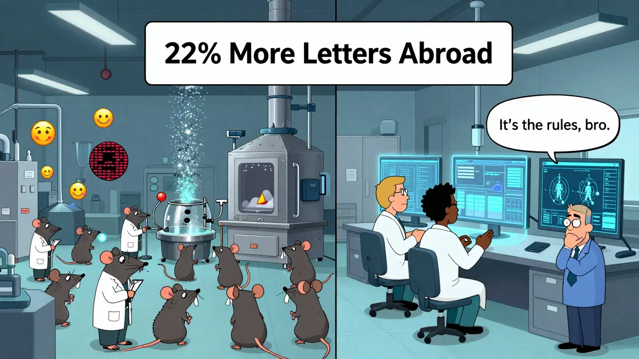 Deux usines comparées : l'une chaotique et polluée, l'autre ordonnée et technologique, sous un panneau indiquant plus de lettres à l'étranger.