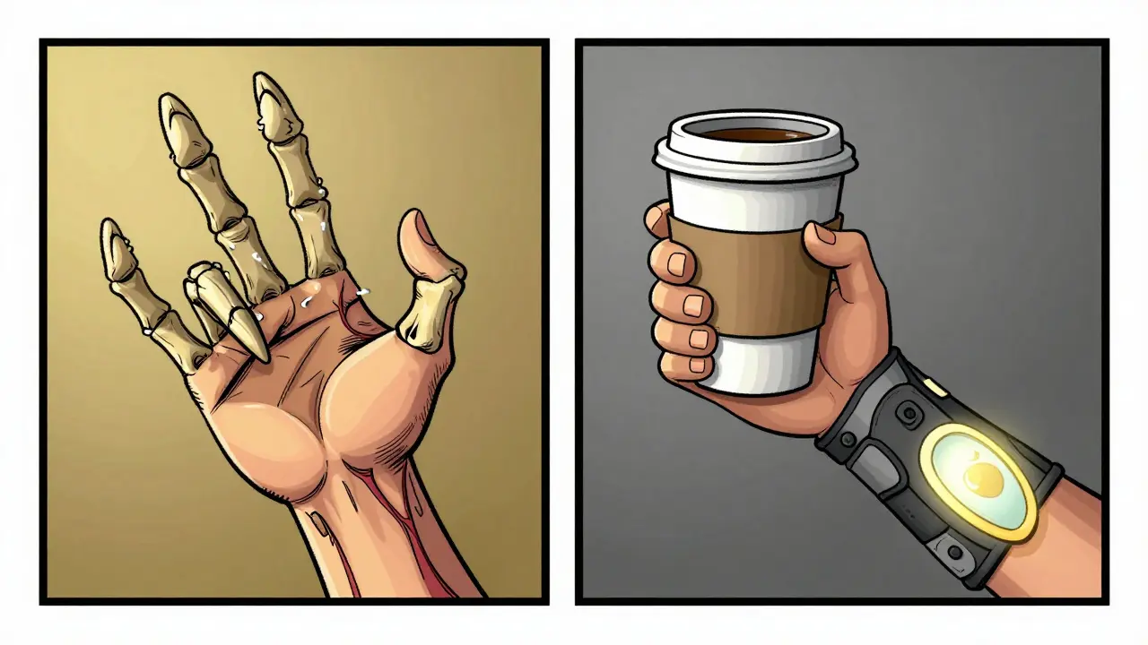 Main en griffe à gauche, main saine avec attelle à droite, comparaison cartoon humoristique.