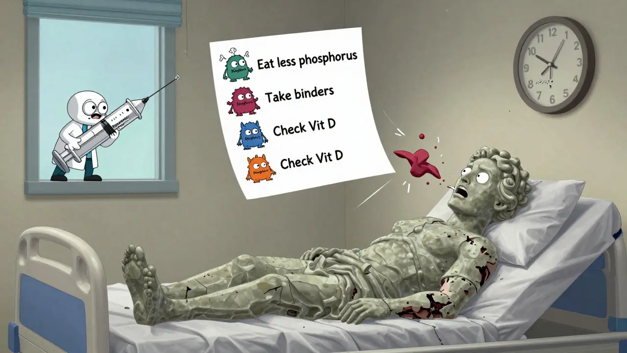 Patient transformé en statue, entouré d'une checklist médicale dévorée par des monstres, un médecin avec une seringue Klotho entre par la fenêtre.