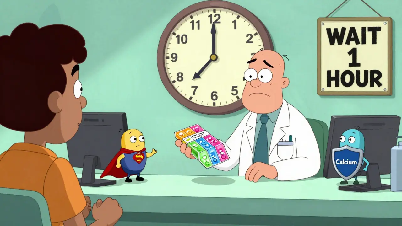 Pharmacien remettant un pack de comprimés colorés avec des personnages, une horloge indique l'attente d'une heure.