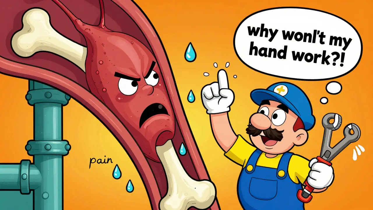 Plombier travaillant avec le coude plié, un nerf cartoon en train d'être écrasé entre l'os et les ligaments.