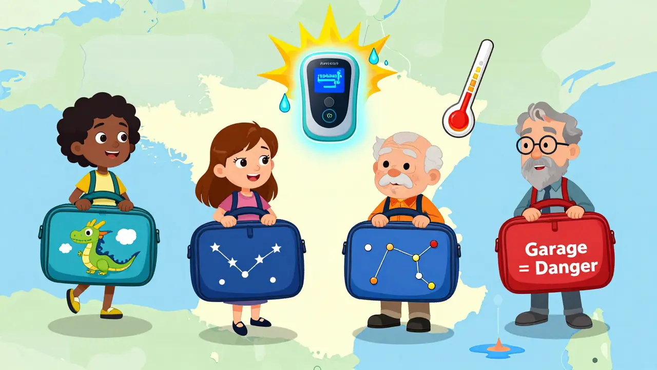 Quatre sacs de survie personnalisés flottent au-dessus de la France, chacun avec des médicaments adaptés, un capteur MedAngel ONE clignote au centre.