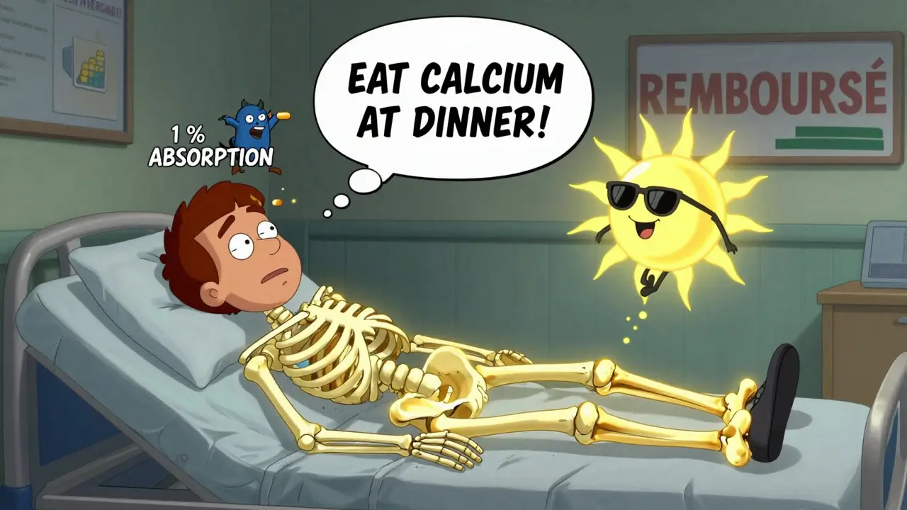 Squelette lumineux dans un corps, un os se dégrade tandis qu'une molécule de vitamine D illumine un autre os.