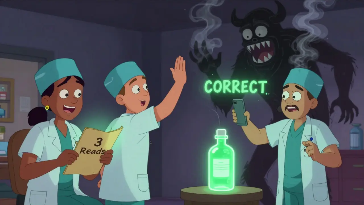 Trois professionnels de santé vérifient un médicament avec un smartphone et un hologramme d'IA qui les rassure.