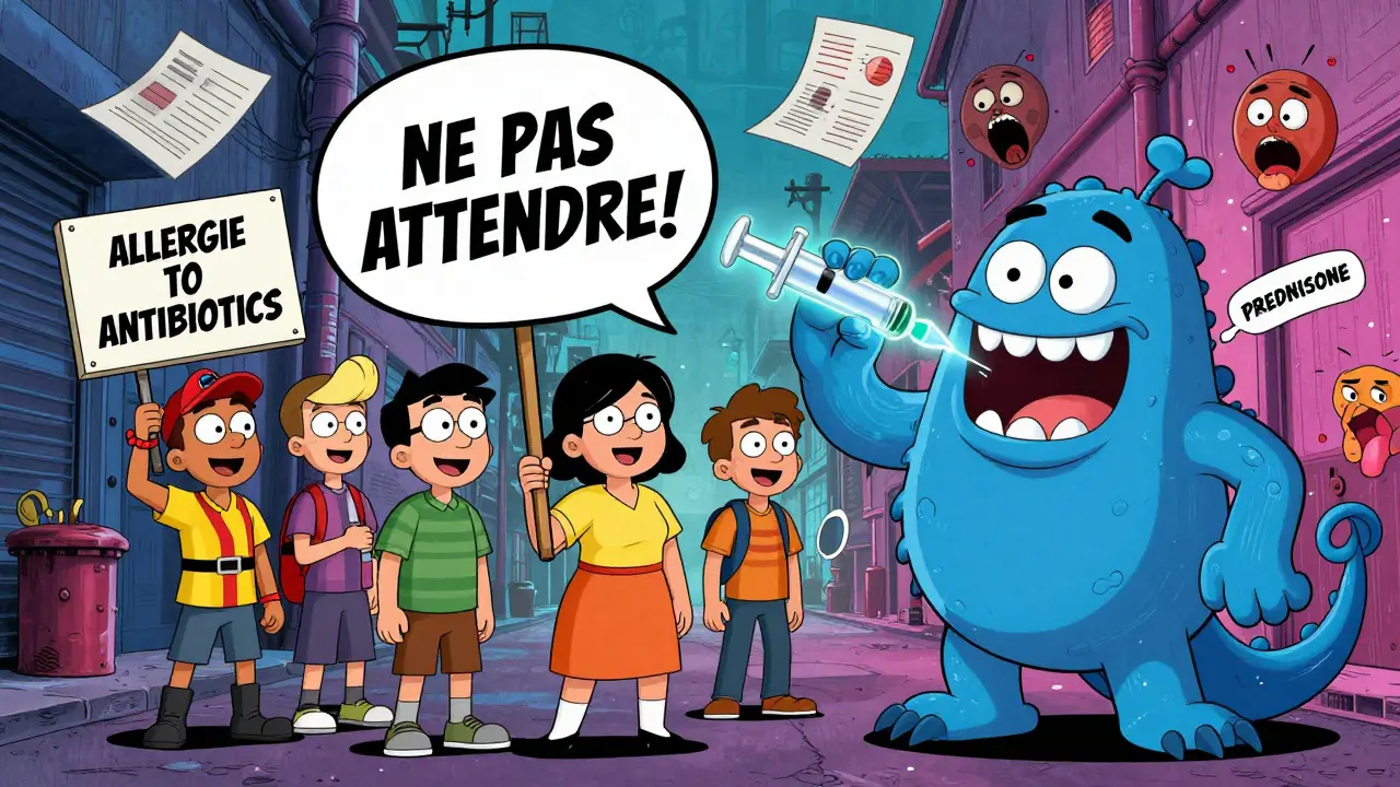 Un groupe de personnes avec des bracelets d'allergie et un auto-injecteur qui combat un monstre de pilules, dans un style cartoon absurde.