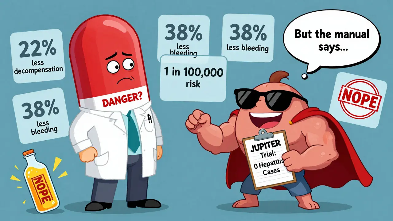 Un médecin surpris face à un foie héroïque qui démontre la sécurité des statines, avec des données médicales flottantes dans un style cartoon Adult Swim.