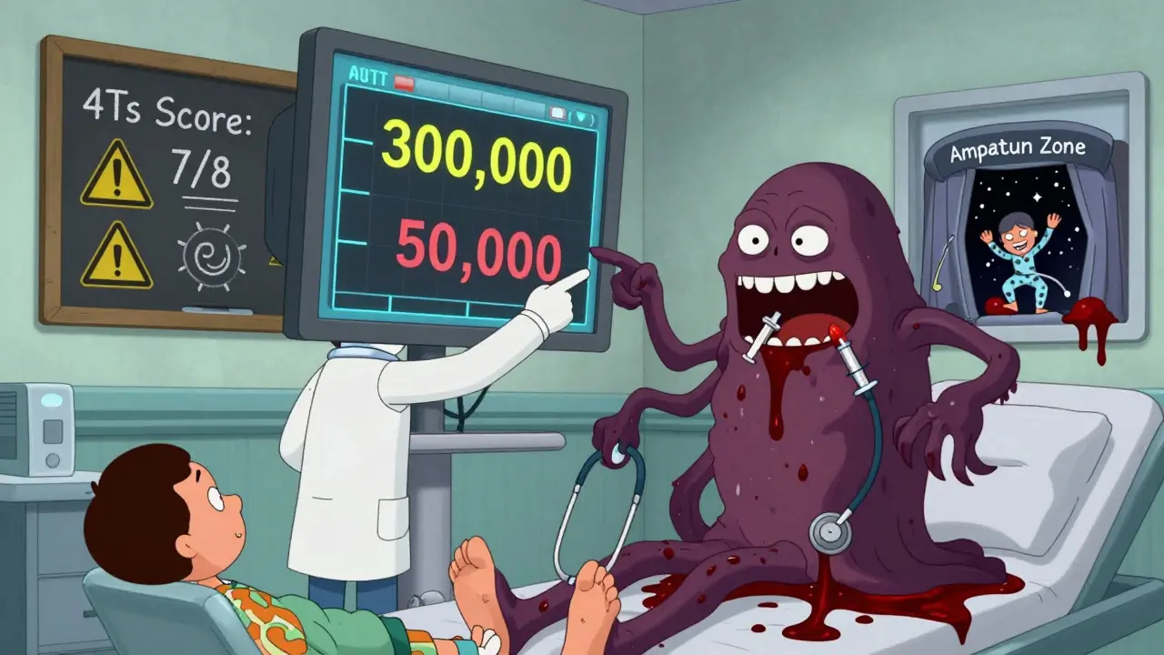 Un monstre de caillots sort d'une jambe de patient, tandis qu'un écran affiche une chute brutale des plaquettes dans une salle d'hôpital absurde.