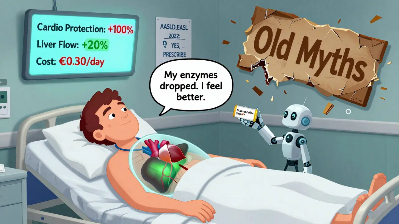 Un patient cirrhotique avec un foie et un cœur sains, entouré de chiffres de bénéfices et d'une pilule de rosuvastatine, dans un style cartoon Adult Swim.