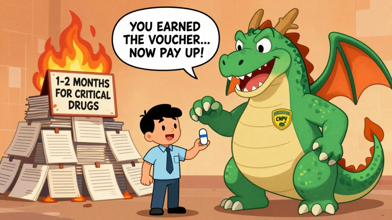 Un petit fabricant remet une pilule à un dragon FDA avec un badge CNPV, style cartoon Adult Swim.