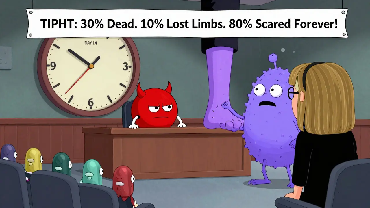 Un procès animé oppose l'héparin aux plaquettes, avec un horloge marquant les jours 5 à 14 et un orteil violet en arrière-plan.