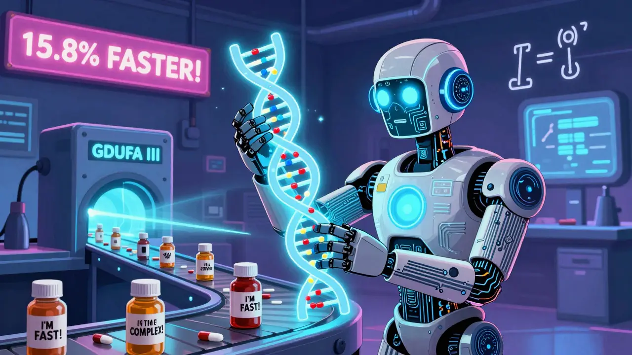 Un robot IA analyse des pilules sur un tapis roulant avec des chiffres flottants, style cartoon Adult Swim.