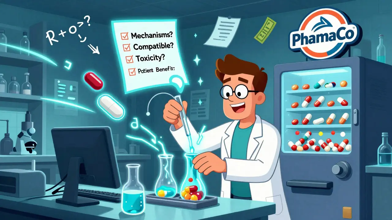 Un scientifique mélange deux liquides pour créer un comprimé combiné, entouré de symboles médicaux et commerciaux.