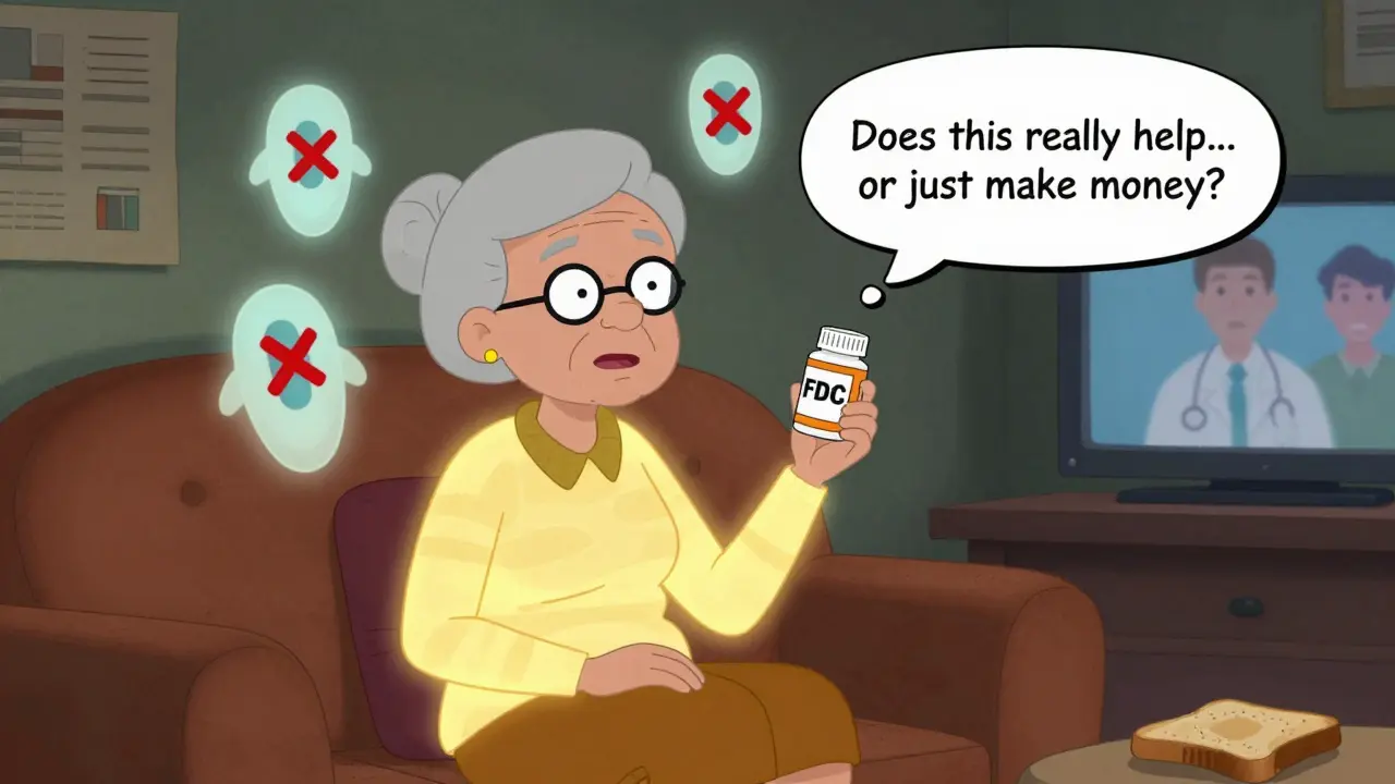 Une femme âgée tient un comprimé combiné, entourée d'images fantômes de comprimés séparés.