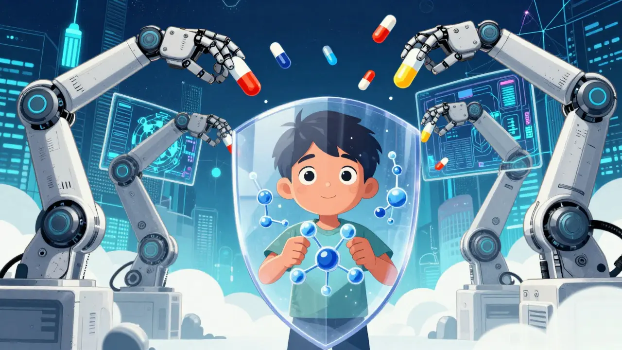 Bouclier moléculaire protégeant un enfant dans un labo futuriste.