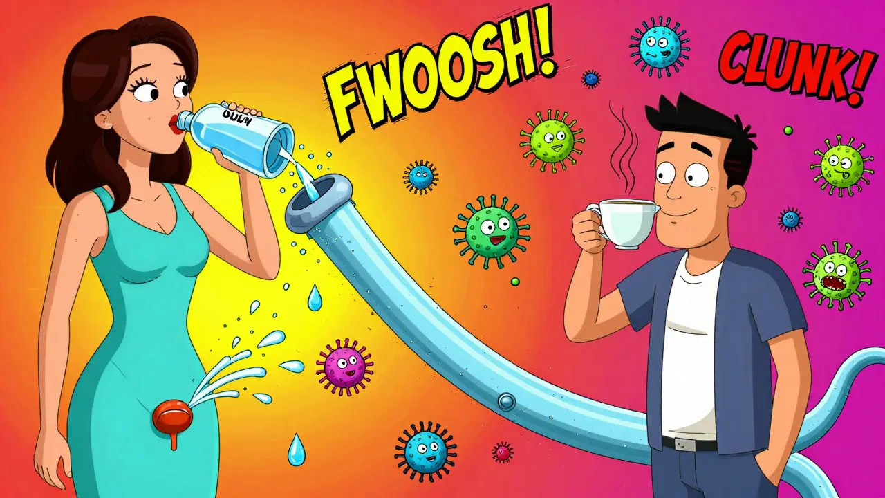 Comparaison cartoon entre un urètre féminin court et un masculin long, avec des bactéries qui réagissent différemment.