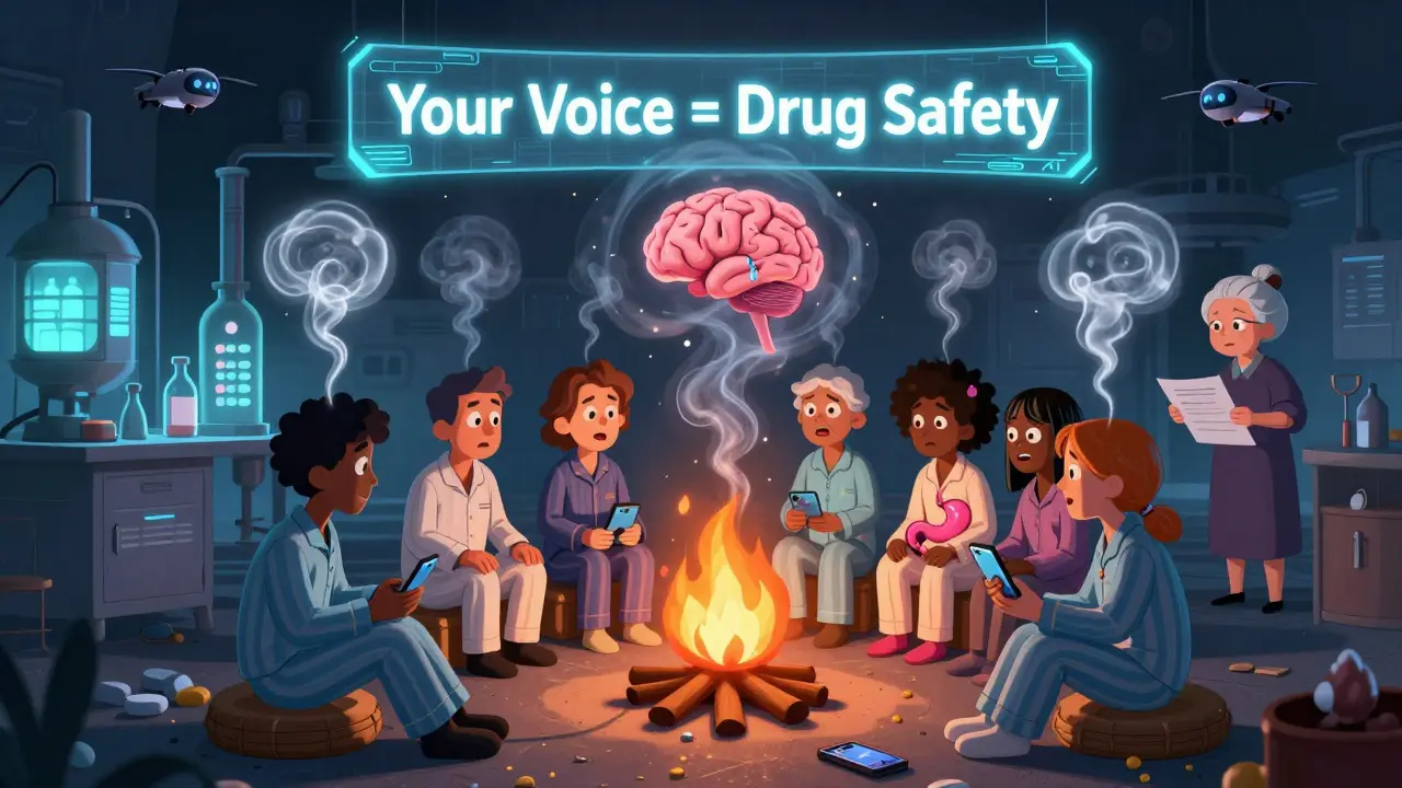 Des patients autour d'un feu de camp en smartphone, leurs histoires deviennent des formes de fumée, une bannière holographique proclame 'Votre voix = Sécurité des médicaments'.