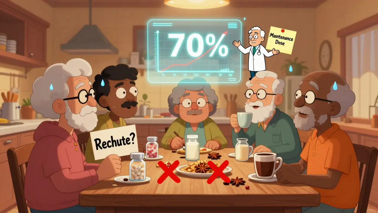 Des seniors discutent autour d'une table avec des bouteilles vides et un graphique flottant montrant un taux de réussite.