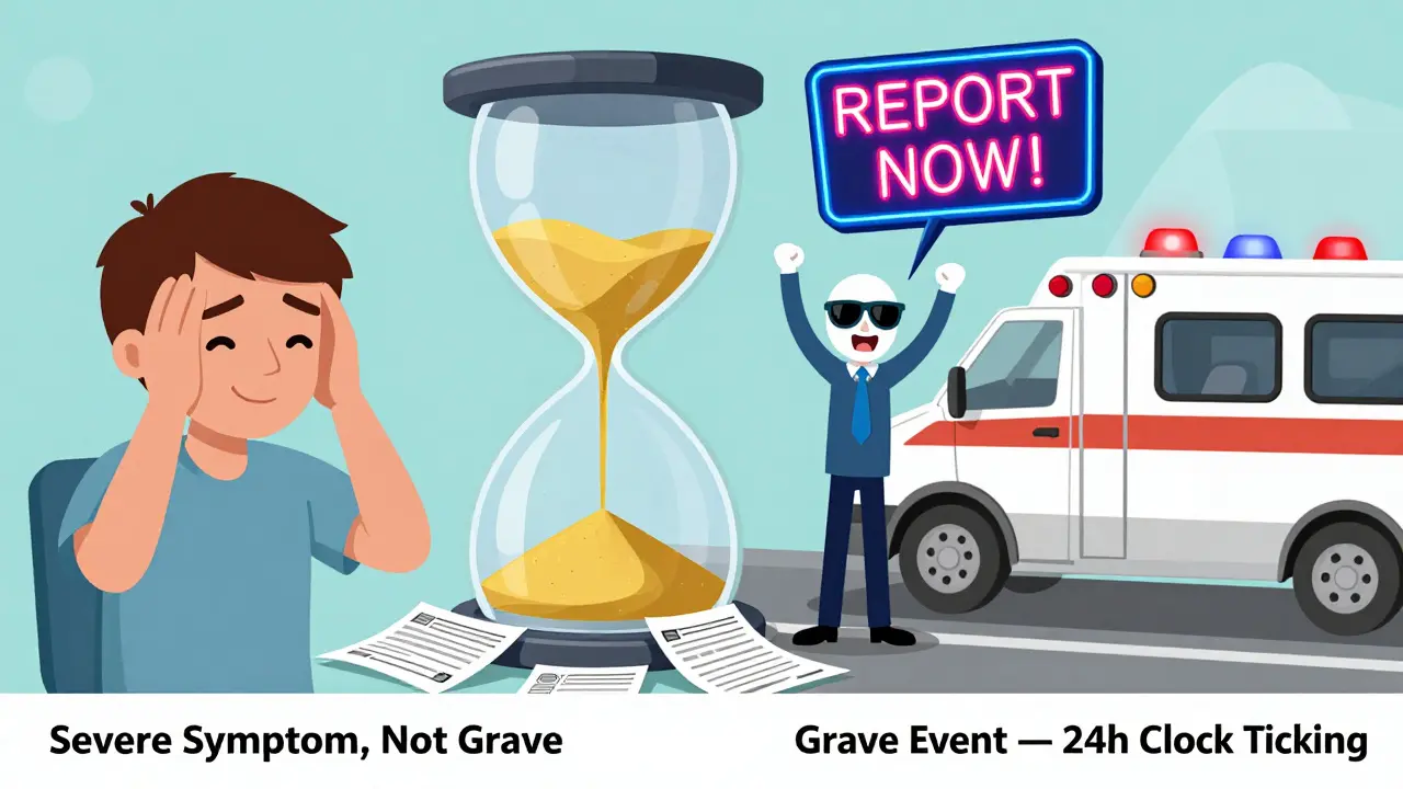 Deux patients comparés : l'un avec un mal de tête, l'autre en ambulance — une horloge indique 24 heures pour déclarer.