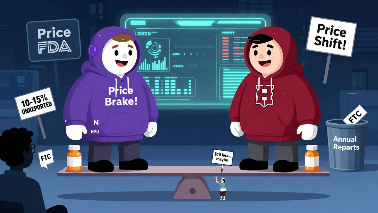 Deux scientifiques géants en débat sur une balançoire de pilules, un patient minuscule tient une étiquette de prix, un écran 2026 scintille derrière.