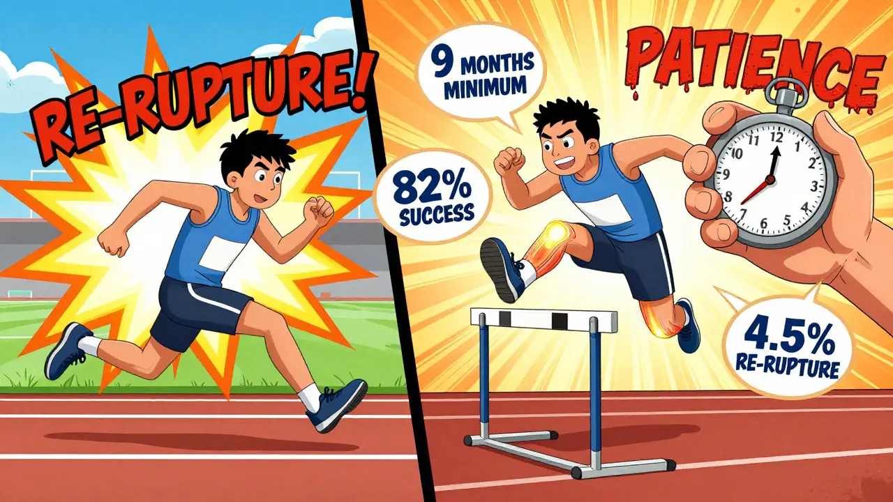 Deux versions d'un athlète : l'une en ré-rupture, l'autre en réussite, avec des bulles de données flottantes sur la récupération.