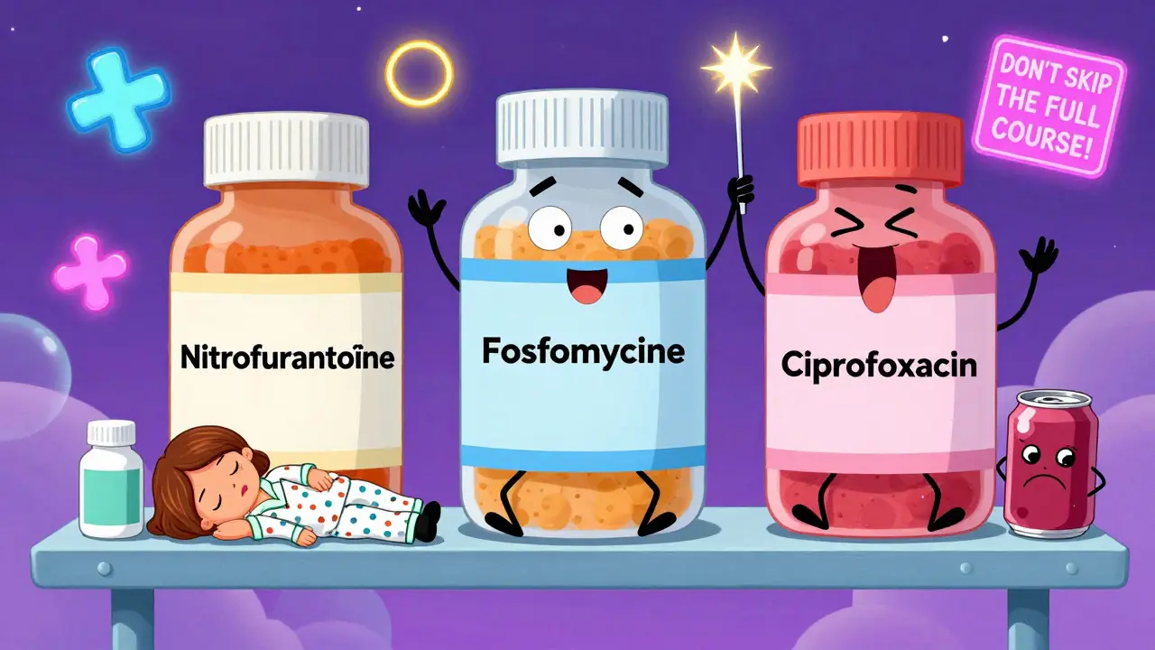 Étagère de médicaments anthropomorphisés avec D-mannose et jus de canneberge dans un style cartoon Adult Swim.