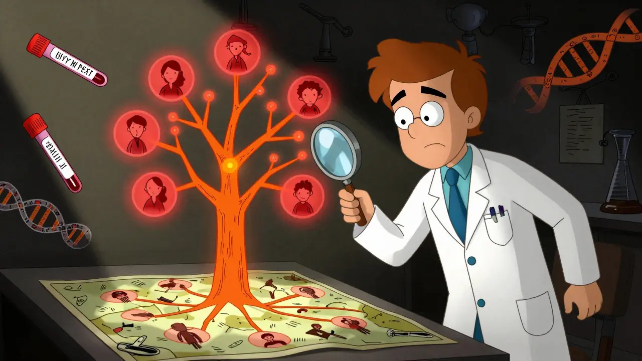 Investigateur médical examinant un arbre généalogique lumineux.