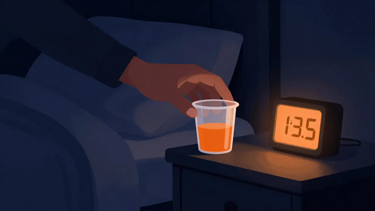 Mains prenant un traitement liquide sur une table de nuit.