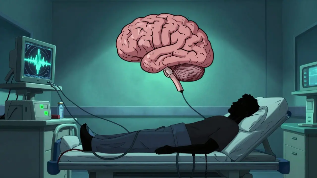 Pacient connecté à des moniteurs de surveillance dans un labo.