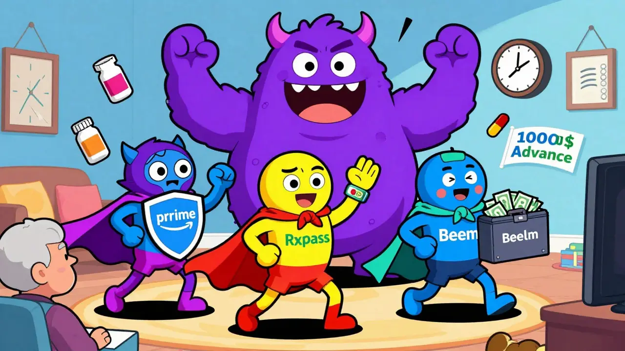 Trois applications de santé personnifiées en superhéros combattent une file d'attente de pharmacie, dans un décor de médicaments flottants.