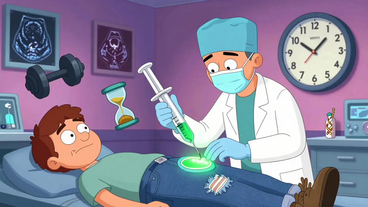 Un chirurgien répare un ménisque comme un vêtement déchiré, entouré d'objets symboliques de rééducation et d'horloge inversée.