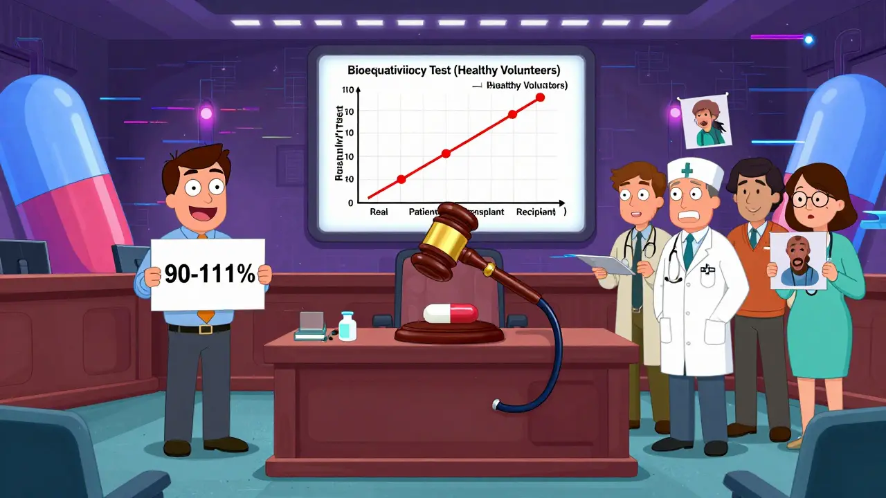 Un médicament de transplantation est jugé dans une cour absurde, avec des preuves contrastées entre tests en laboratoire et réalité clinique.