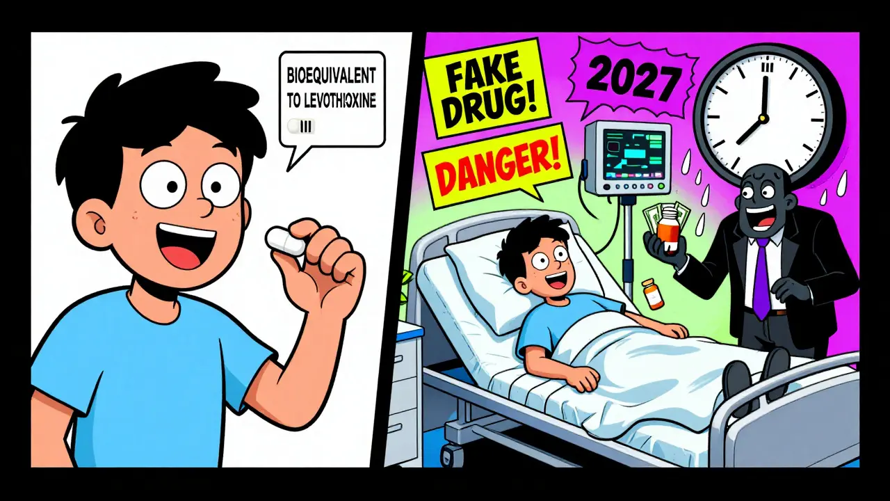 Un patient en bonne santé à gauche, hospitalisé à droite, face à des publicités fausses, sous l'œil vigilant de la FDA.