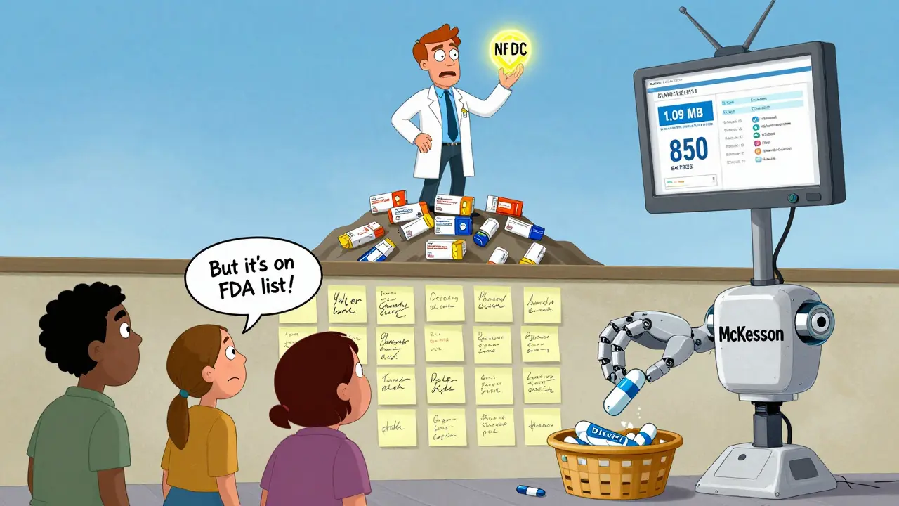 Un pharmacien tenant un code NDC lumineux au sommet d'une montagne de boîtes de médicaments, des clients confus en bas.