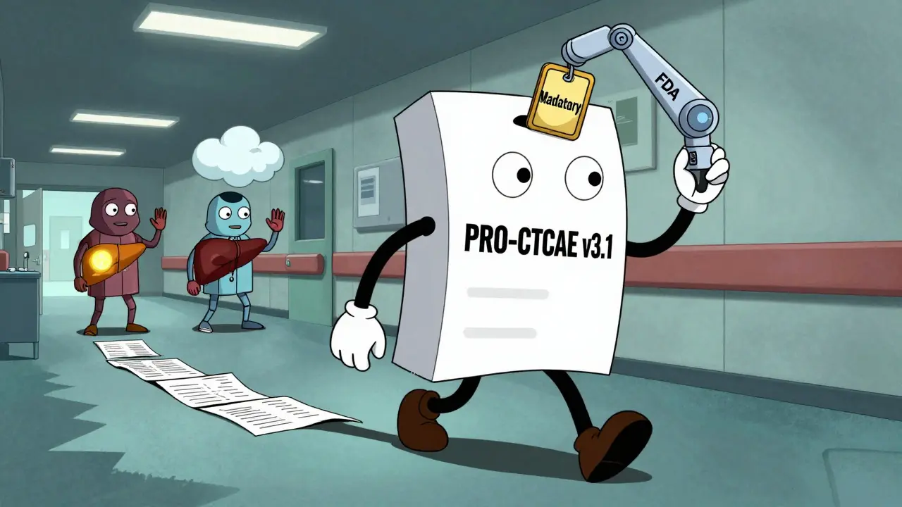 Un questionnaire anthropomorphique marche dans un hôpital, tirant des formulaires papier, une main robotique lui dépose une médaille 'Obligatoire'.