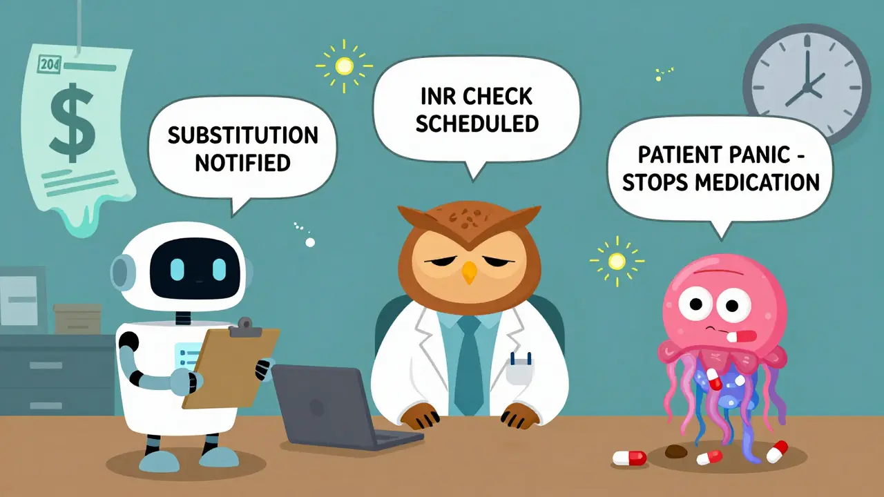 Un réseau de notifications électroniques relie un pharmacien, un médecin et un patient confus, avec des alertes de substitution et de crise médicale.